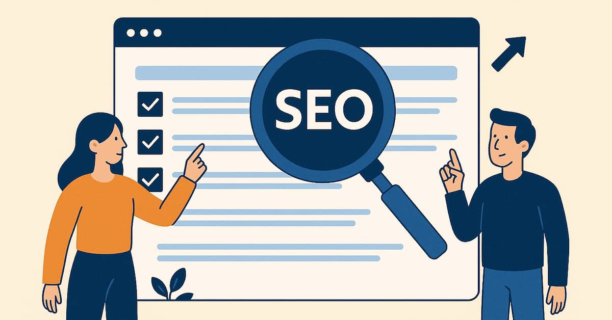 Ilustrație analiza SEO și verificarea greșelilor în optimizarea unui site web.