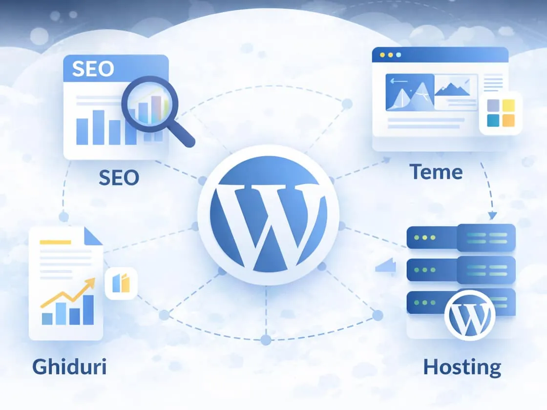 Ilustrație care prezintă ecosistemul iSeoWP: SEO, WordPress, ghiduri și hosting conectate
