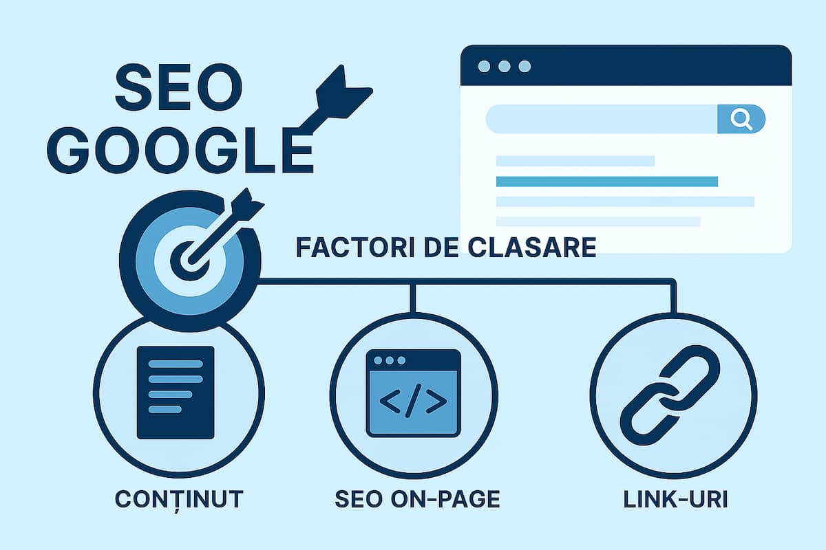 Ilustrație care arată principalii factori de clasare în SEO Google