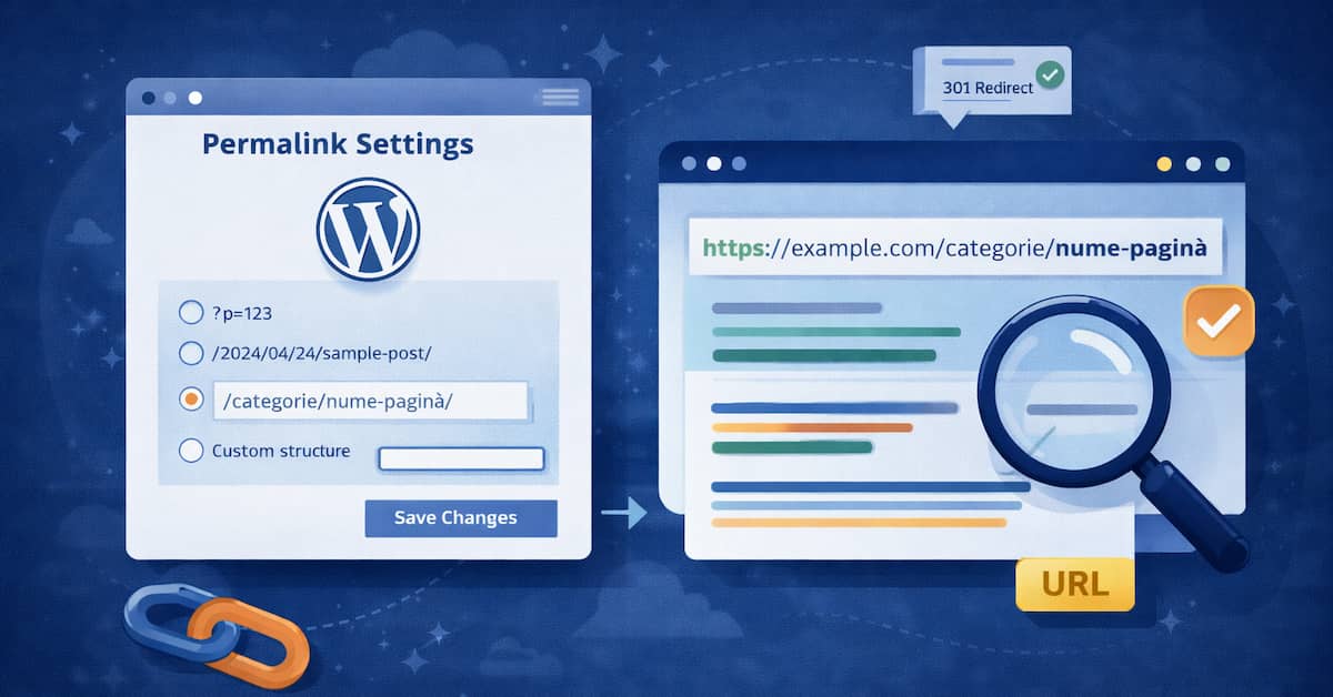 Ilustrație care arată structura URL-urilor în WordPress și setările permalink pentru optimizare SEO