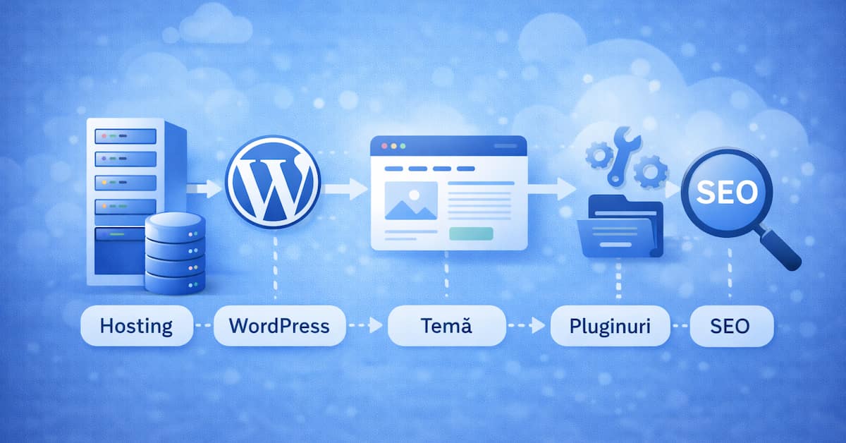 diagramă care arată WordPress folosind hosting, temă, pluginuri și SEO