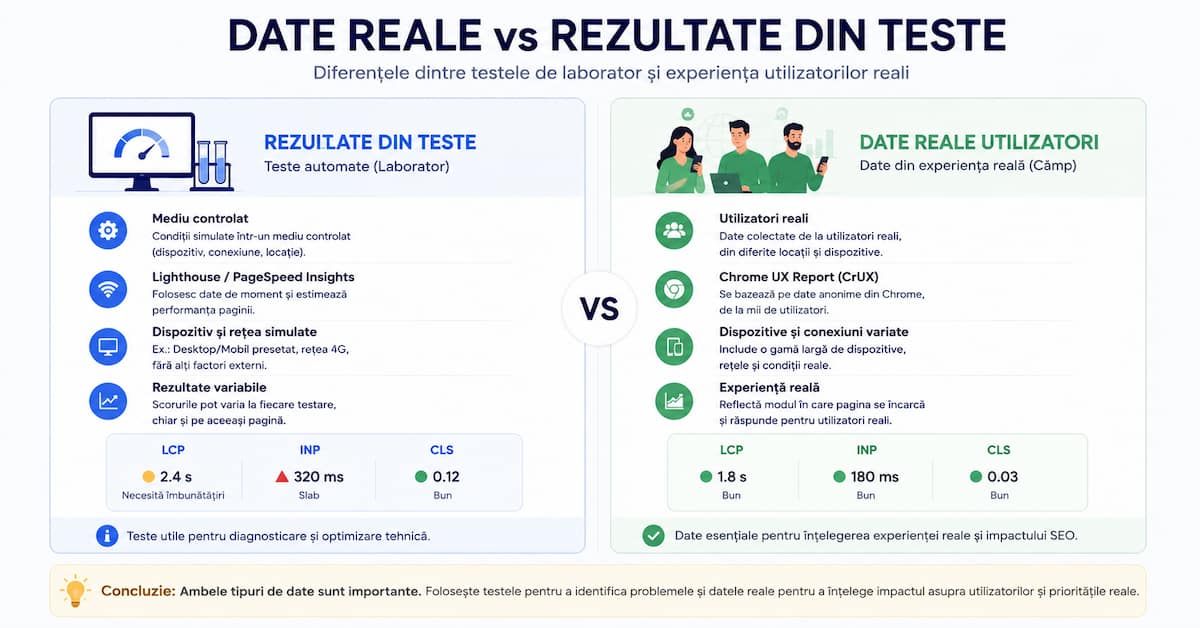 Comparație între date reale ale utilizatorilor și rezultatele testelor