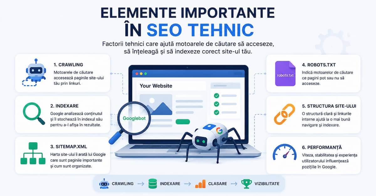 Elementele importante din SEO tehnic precum crawling, indexare, sitemap.xml și performanța site-ului