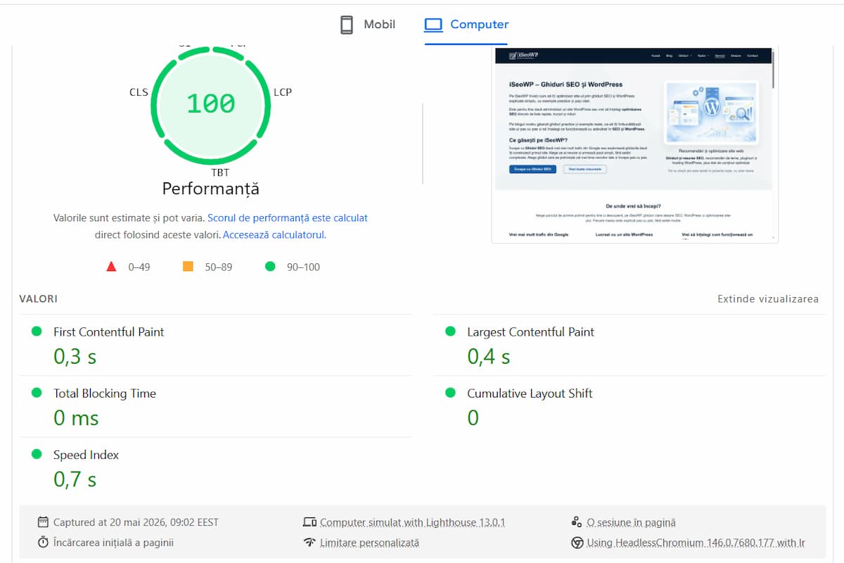 Rezultate PageSpeed Insights pentru iSeoWP