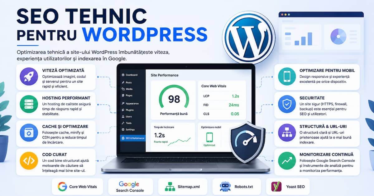 SEO tehnic pentru WordPress, optimizarea vitezei, Core Web Vitals și performanța site-ului