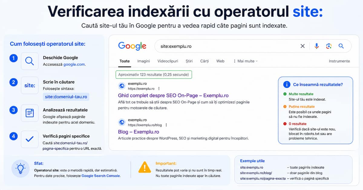 Verificarea indexării unei pagini în Google folosind operatorul site:
