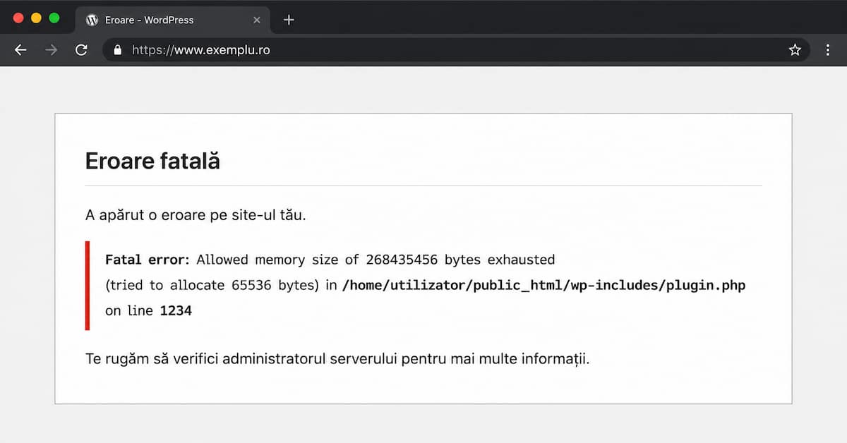 eroare memorie WordPress afișată în browser