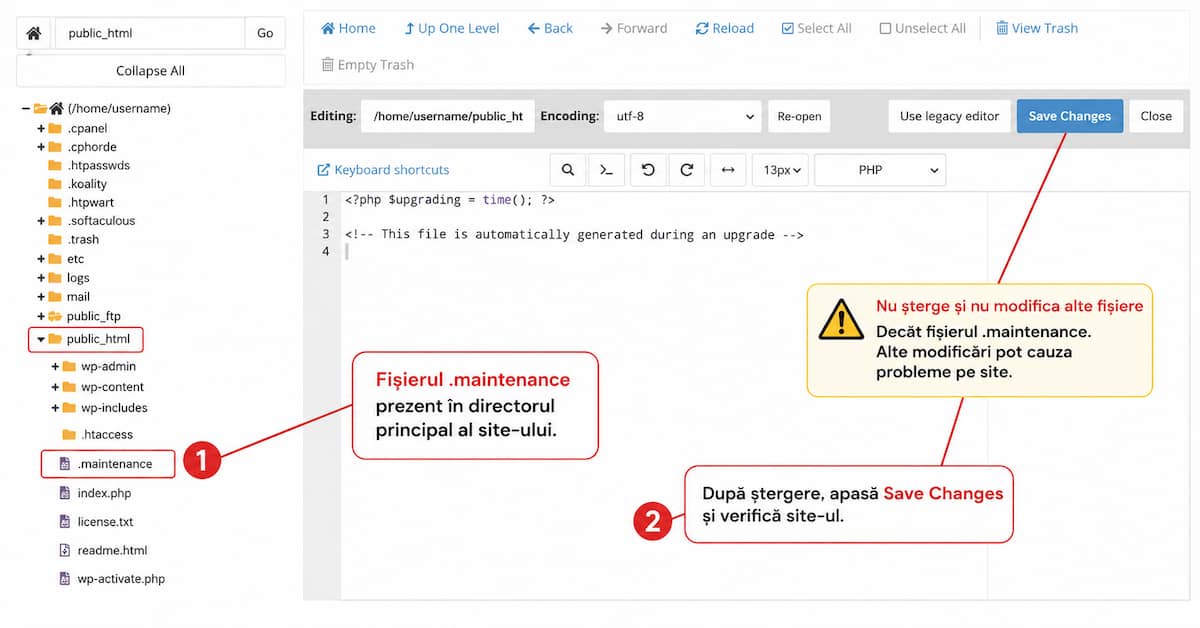 fișierul .maintenance din WordPress înainte de ștergere