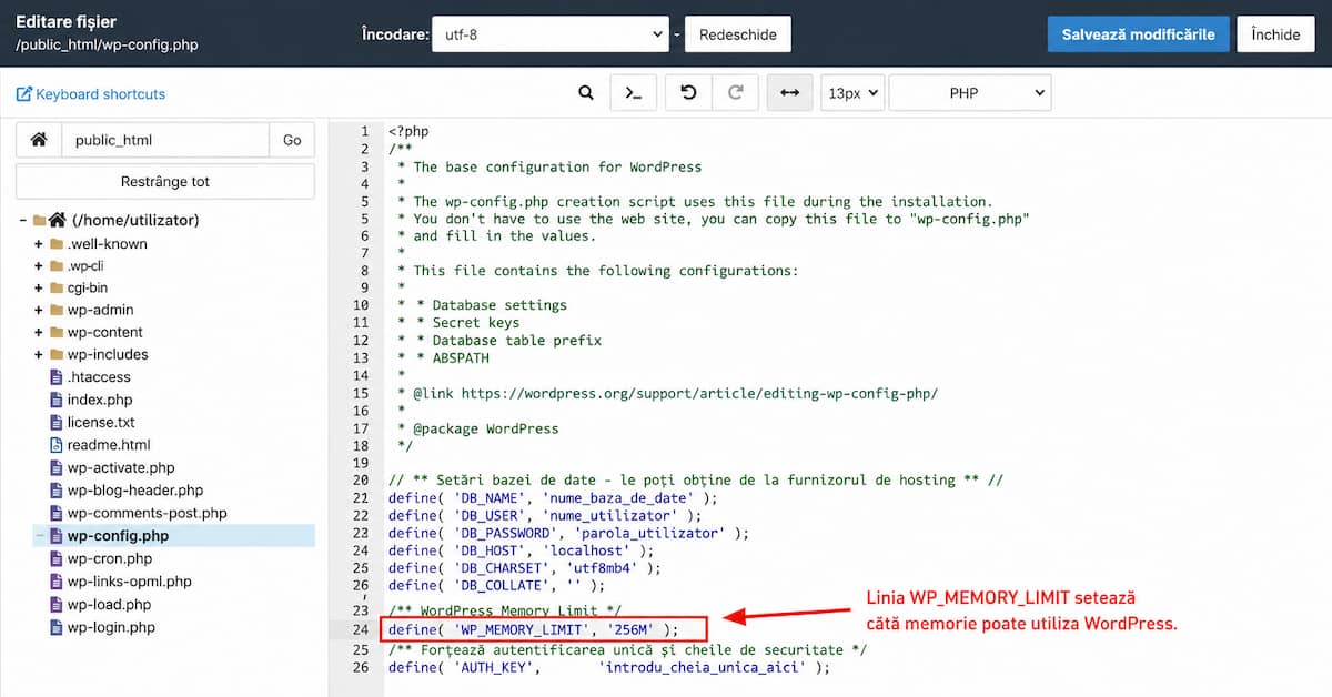 WP_MEMORY_LIMIT pentru limită memorie WordPress