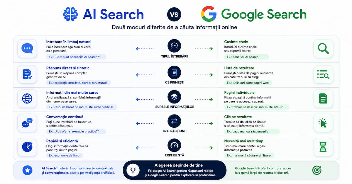 comparație AI Search vs Google Search